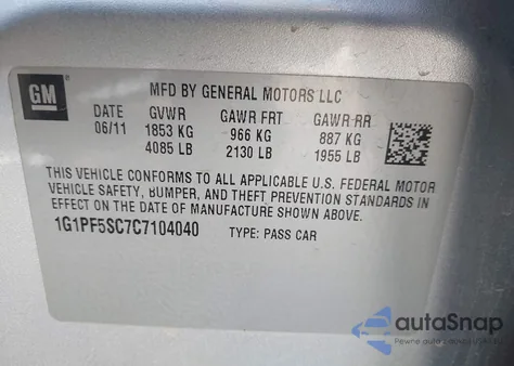 2012 Chevrolet Cruze 1Lt from USA, damaged, VIN 1G1PF5SC7C7104040
